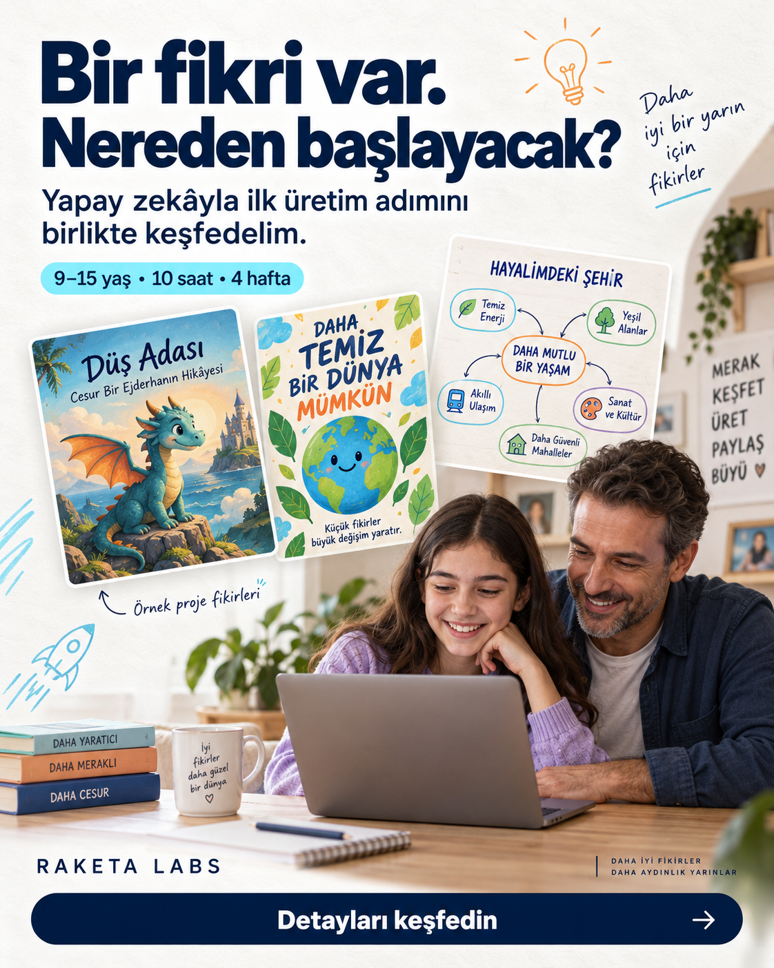 Bir hikâye, poster ve fikir haritası örneklerini gösteren Raketa Labs yapay zekâ kurs afişi