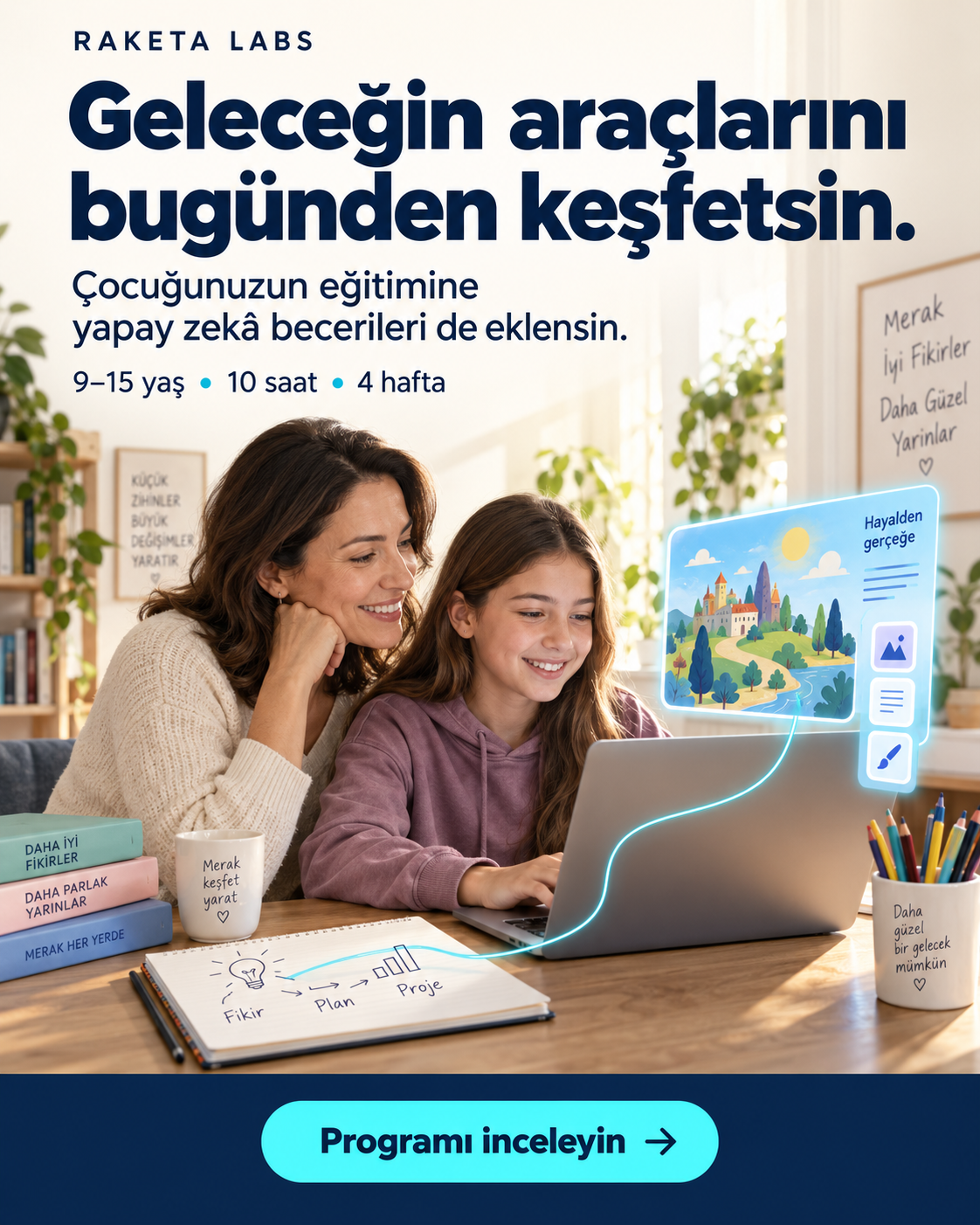 Anne ve çocuğun birlikte üretim yaptığı, geleceğin araçlarını keşfetme temalı Raketa Labs kurs afişi