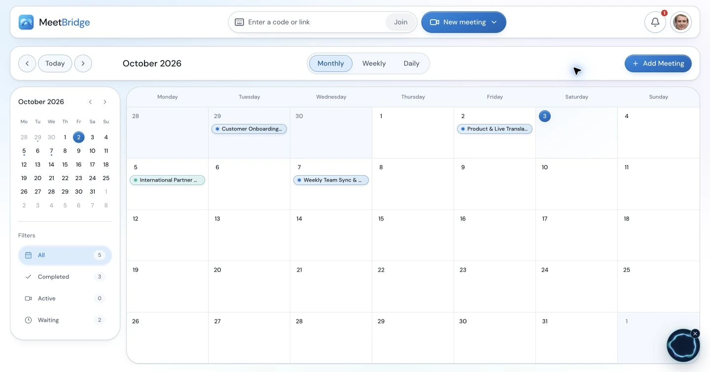 MeetBridge calendar workspace for planning and viewing scheduled meetings