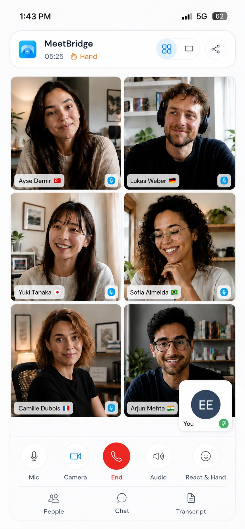 MeetBridge mobile meeting interface with participant video tiles, transcript access and call controls