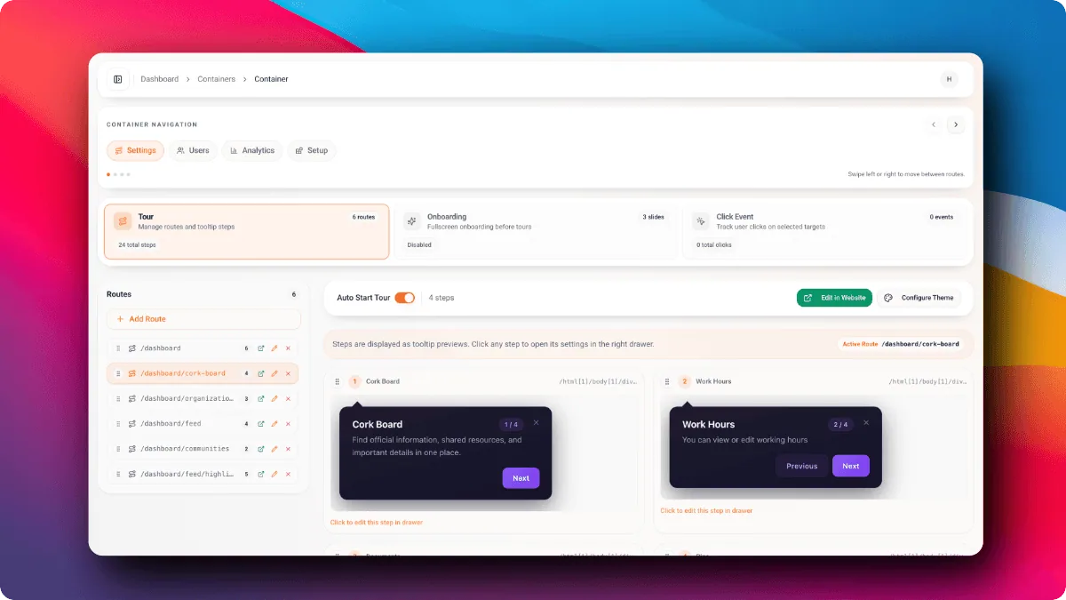 UserTourly tour editor showing routes, tooltip previews and onboarding controls